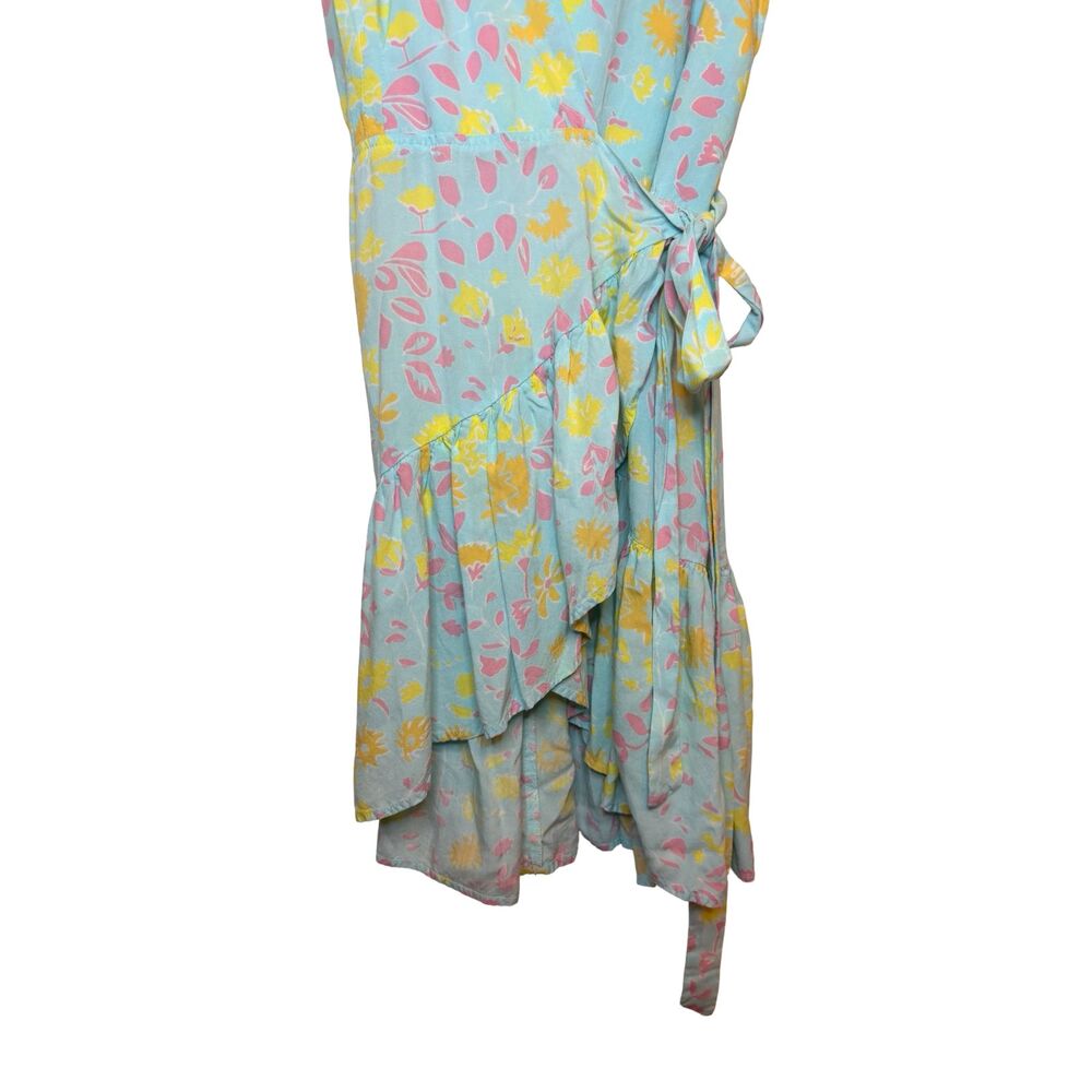 XIX Palms Floral Wrap Dress Womens L Blue Pink Yellow Ruffle Flutter Sleeve Boho - Picture 3 of 6